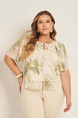 Blusa Plus Size Estampada Em Tule Acompanha Regata Bege Lisamour - 202215