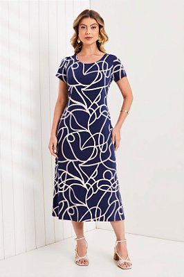 Vestido Midi Estampado Em Malha Stretch De Manga Curta E Decote Redondo Clamila - 10844