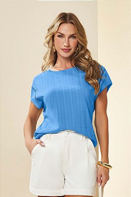 Blusa Azul Em Viscose Chevron E Malha Com Detalhe De Entremeio Doce Trama - 105946