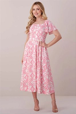 Vestido Maxi Midi Estampado Em Viscolinho Acompanha Cordão Tatá Martello - 6321