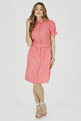 Vestido Plus Size  Chemise Coral Com Listra Branca Acompanha Cinto Nítido Jeans - 04137