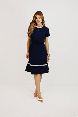 Vestido Azul Em Malha Denim Com Detalhe De Guipir Nítido Jeans - 04161