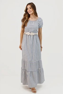 Vestido Longo Listrado De Off White E Azul Acompanha Cinto Cordão Nítido Jeans - 03999