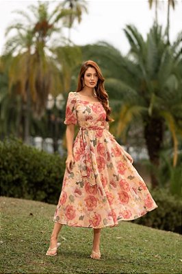 Vestido Maxi Midi Estampado Em Chiffon Toque De Seda Jany Pim - 6506