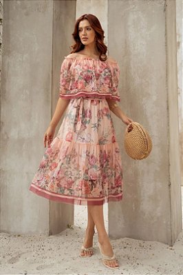 Vestido Midi Estampa Floral Em Tule Com Babado E Acompanha Faixa Jany Pim - 6509