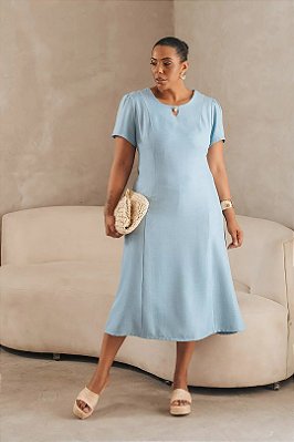 Vestido Plus Size Midi Azul Acompanha Broche Dourado Com Pérola - 42418