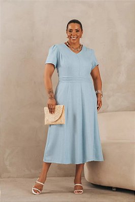 Vestido Midi Azul Com Nervuras Frontais De Manga Curta E Decote V - 42420