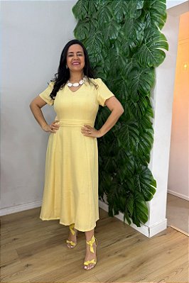 Vestido Midi Amarelo Com Nervuras Frontais De Manga Curta E Decote V - 42420