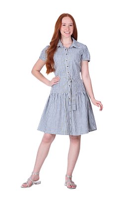 Vestido Listrado De Off White E Azul Botões Frontais E Acompanha Cinto Hapuk - 62001