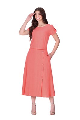 Conjunto De Saia Midi Coral Em Viscolinho Com Botões Decorativos Hapuk - 49517