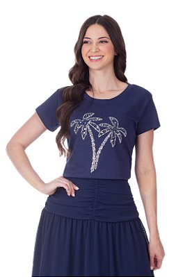 Blusa Azul Em Malha Com Estampa Frontal Em Paetê Vidrilho E Chaton Hapuk - 21803