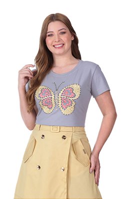 Blusa Cinza Com Estampa Frontal Em Vidrilhos Pérolas E Chaton Hapuk - 21789