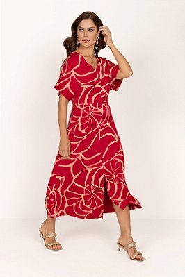 Vestido Estampado De Vermelho E Bege Em Malha Visco Rogeant - 5211502