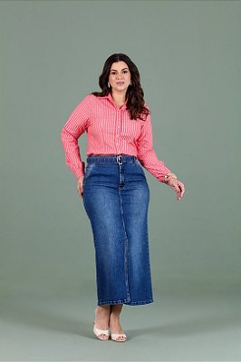 Saia Plus Size Maxi Midi Jeans Com Fenda Frontal E Acompanha Cinto Hadaza - 38298