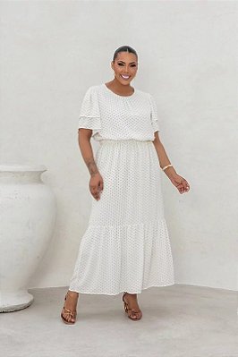 Vestido Plus Size Maxi Midi Off White Com Poá Bege Em Crepe - 42426