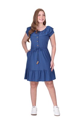 Vestido Azul Em Malha Listrada Com Botões Frontais Hapuk - 61985