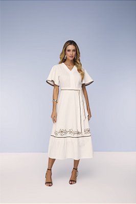 Vestido Maxi Midi Off White Com Bordado E Vivo Em Marrom Acompanha Faixa Titanium - 28092