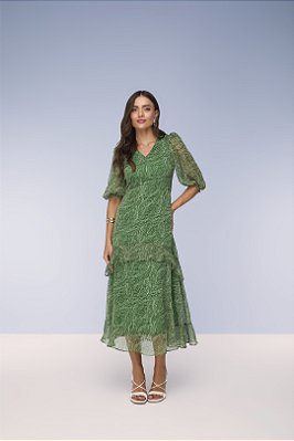 Vestido Maxi Midi Estampado Em Chiffon Recortes Com Babado Titanium - 28124