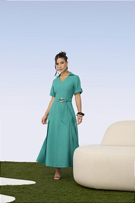 Vestido Maxi Midi Verde Em Viscopoly Faixa Com Fivela Orgânica Titanium - 28128