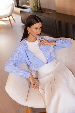 Camisa Listrada Em Tricoline Com Bordado Floral Império Jeans - 57084