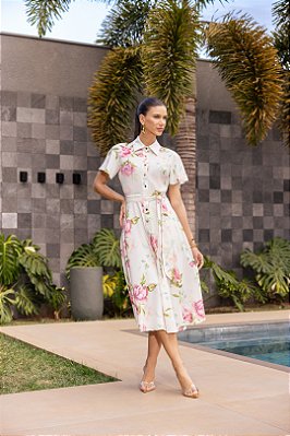 Vestido Midi Estampado Com Botões Frontais E Acompanha Faixa Império Jeans - 57047