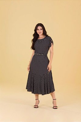 Vestido Maxi Midi Preto Com Poá Off White Acompanha Cinto Aline Cerkunvis - 04638