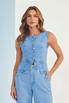 Colete Jeans Com Botões Orgânicos Dourados E Bolsos Decorativos Doce Trama - 106135