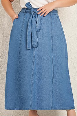 Saia Plus Size Maxi Midi Jeans Com Bolsos Frontais E Acompanha Faixa Lisamour - 202065