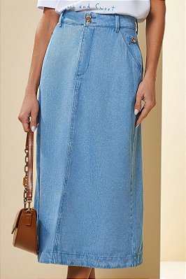 Saia Maxi Midi Jeans Com Botões Orgânicos Dourados Doce Trama - 105804
