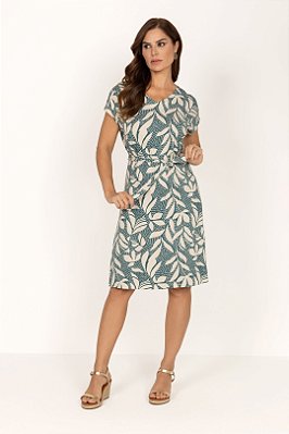 Vestido Estampado Em Malha Com Manga Morcego Curta E Acompanha Faixa - 4221510