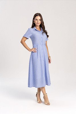 Vestido Chemise Midi 115 Cm Listrado De Azul E Off White Laura Rosa - 811130