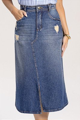 Saia Midi Jeans Evasê 75 Cm Destroyed E Fenda Frontal Laura Rosa - 811090