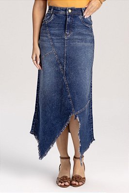 Saia Jeans Semi Evasê Com Barra Assimétrica 80 Cm Laura Rosa - 811142
