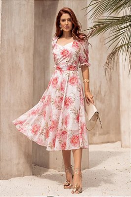 Vestido Midi Estampado Transpassado Em Toque De Seda E Chiffon Jany Pim - 6438