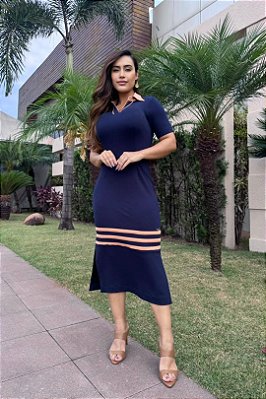 Vestido Maxi Midi Marinho Com Recortes Caramelo Em Moletinho Montaria - 11347