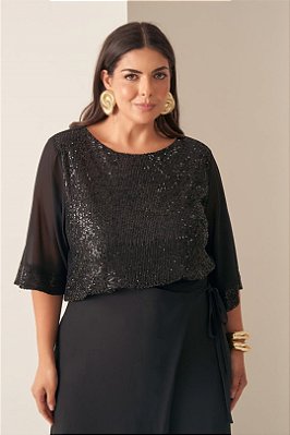 Blusa Plus Size Preta Com Paetê Frontal E Recortes Em Chiffon Vocco Plus - 69276