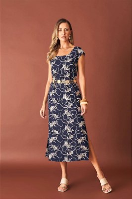 Vestido Maxi Midi Azul Com Bordado Off White E Fendas Laterais - 3301