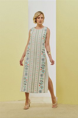 Vestido Midi Sem Manga Off White Com Estampa Bordada E Fendas Laterais - 5594