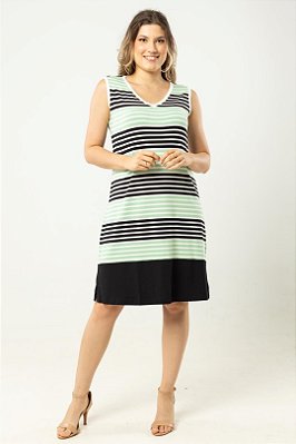 Vestido Sem Manga Listrado De Off White Preto E Verde Em Malha - 82819