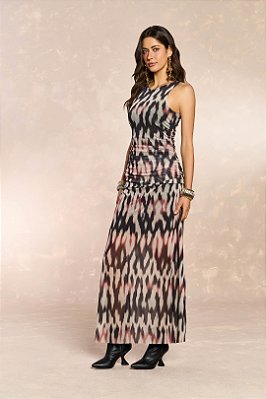 Vestido Longo Sem Manga Estampado Em Tule Doce Trama - 106303