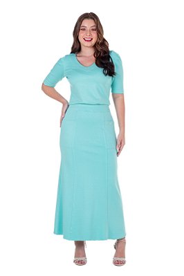 Conjunto De Saia Maxi Midi Verde Água Em Ponto Roma Com Bolsos Hapuk - 49450