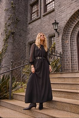 Vestido Longo Preto Em Chiffon Com Brilho Maquinetado Doce Trama - 106174