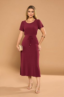 Conjunto De Saia Midi Vinho Em Malha Stretch Com Fendas Laterais Clamila - 10814