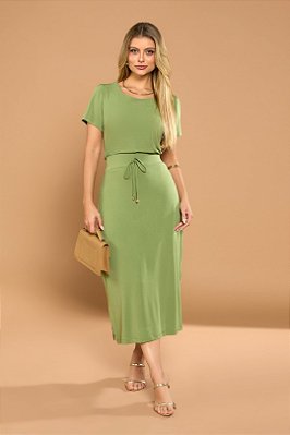 Conjunto De Saia Midi Verde Em Malha Stretch Com Fendas Laterais Clamila - 10814