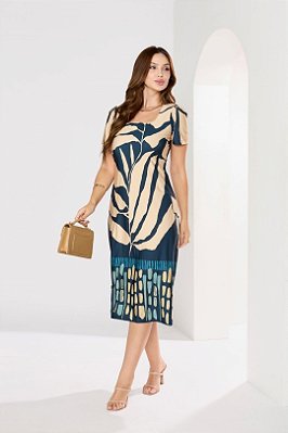 Vestido Midi Estampado Em Malha Stretch De Manga Curta Clamila - 10820