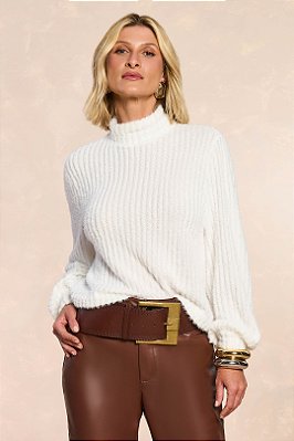 Suéter Off White Em Tricot Maquinetado De Gola Alta Doce Trama - 106300