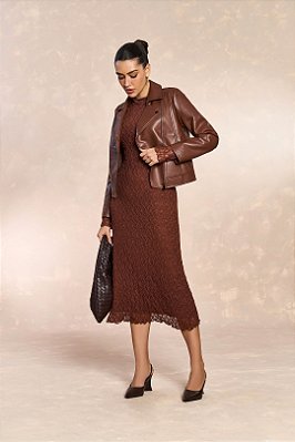 Jaqueta Marrom Biker Em PU Com Zíper E Bolsos Frontais Doce Trama - 105796