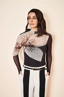 Blusa Estampada Em Tule De Manga Longa Com Gola Alta Doce Trama - 106291