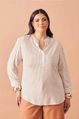 Camisa Listrada De Cru E Bege De Manga 7/8 Em Viscolinho - 32067