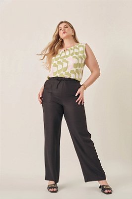 Calça Pantalona Preta Em Crepe Com Bolsos E Amarração Frontais - 81055